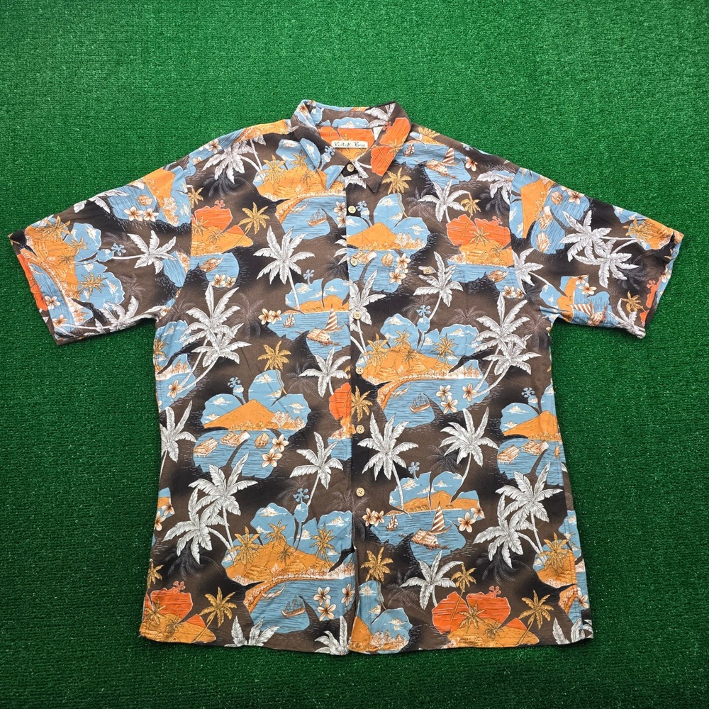 Batek Bay Hawaiian Shirt Mens 2XL‎ Floral Palm Trees Island Beach Scene Rayon